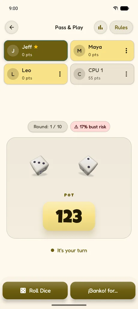 A BANKO! round with a 123 point pot and a 17 percent bust risk