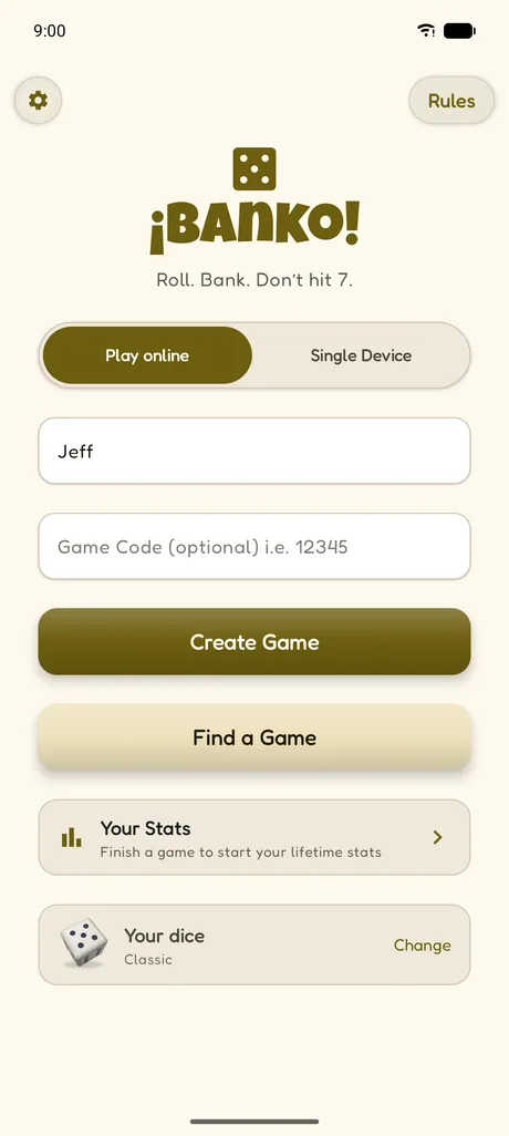 BANKO! home screen with Play online and Single Device options
