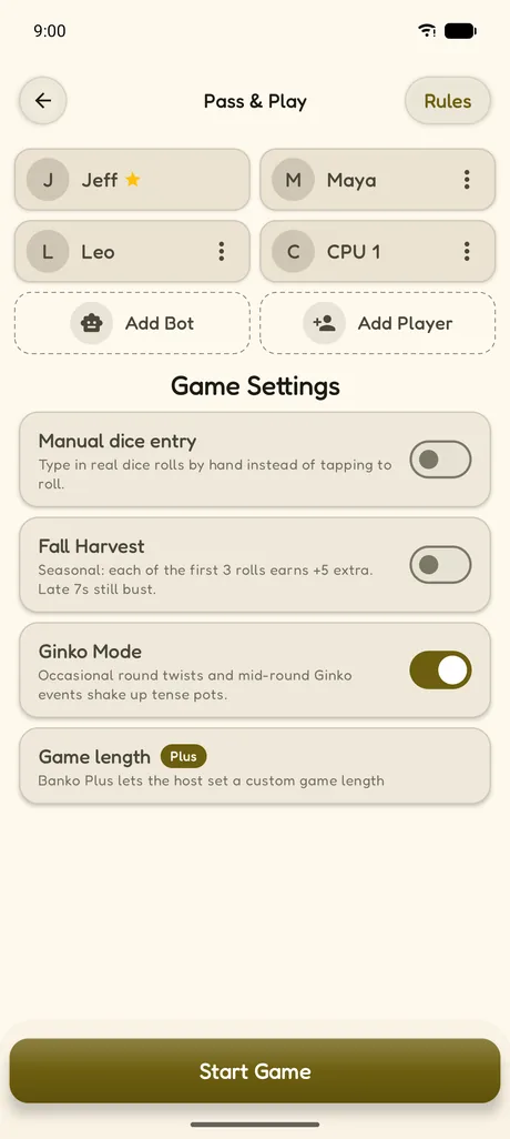 A BANKO! lobby with four players and game settings